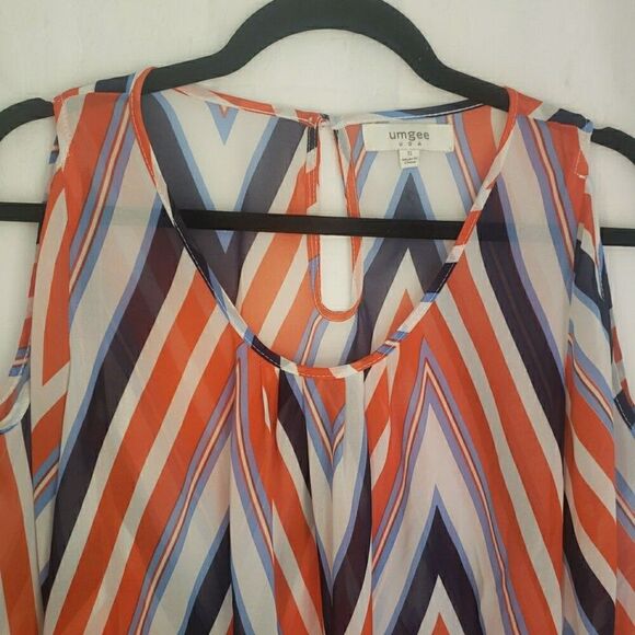 Umgee Blouse Red Navy Blue Stripes Sheer Nautical Sailor Coastal Chic Women Sz S - Picture 3 of 10